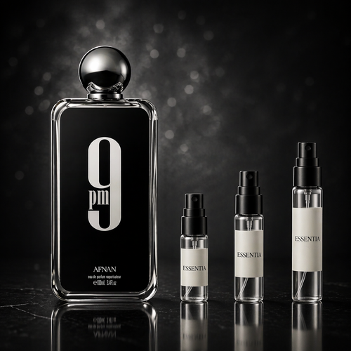 Imagen de 9PM EDP de Afnan junto a las presentaciones de decant original ESSENTIA de 3ml, 5ml y 10ml.