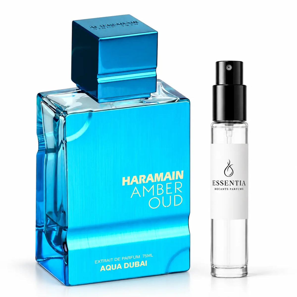 Amber Oud Aqua Dubai Al Haramain junto a un decant ESSENTIA de perfume original