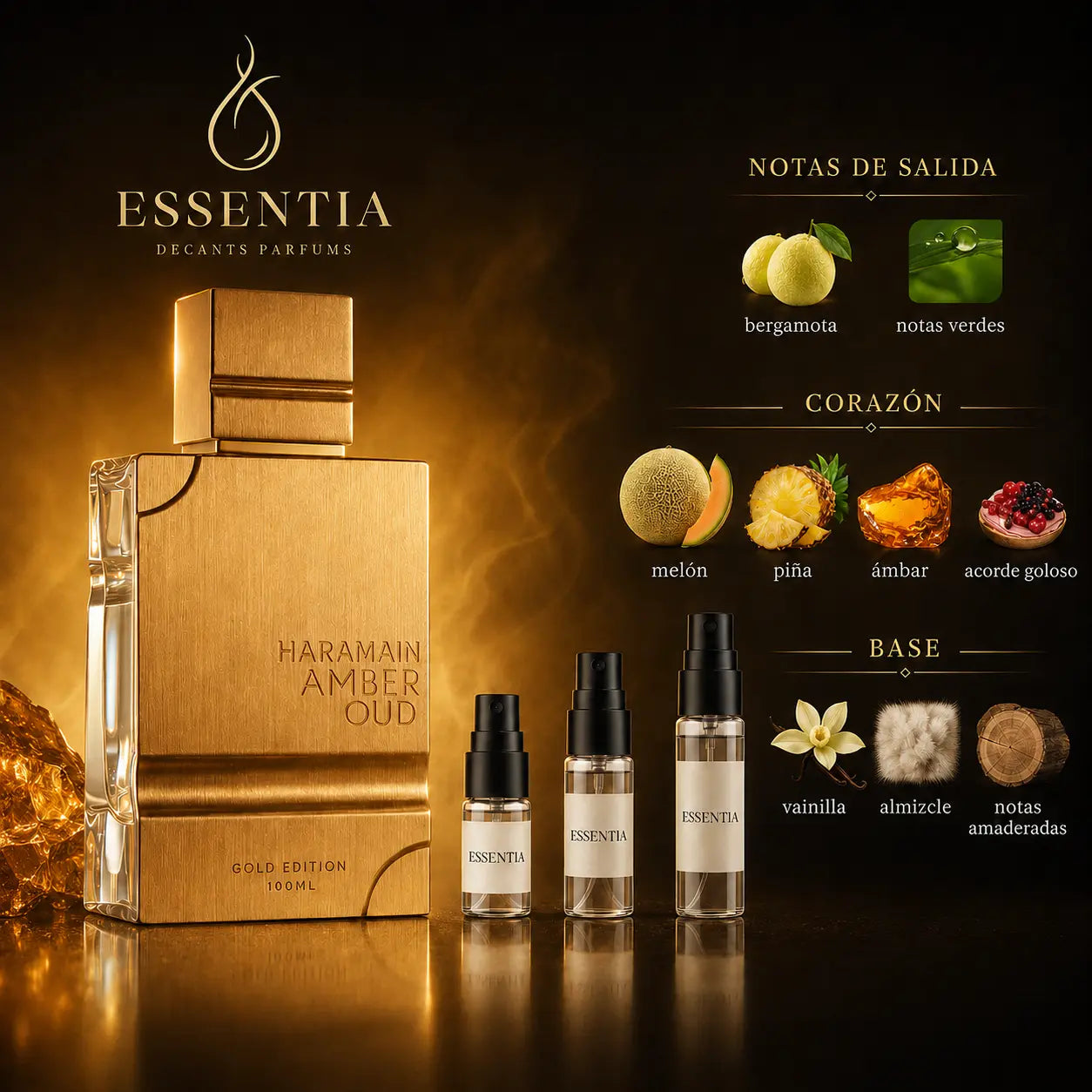 Perfume Amber Oud Gold Edition Al Haramain con decants ESSENTIA y notas de bergamota, melón, piña, ámbar, vainilla, almizcle y notas amaderadas sobre fondo dorado premium.
