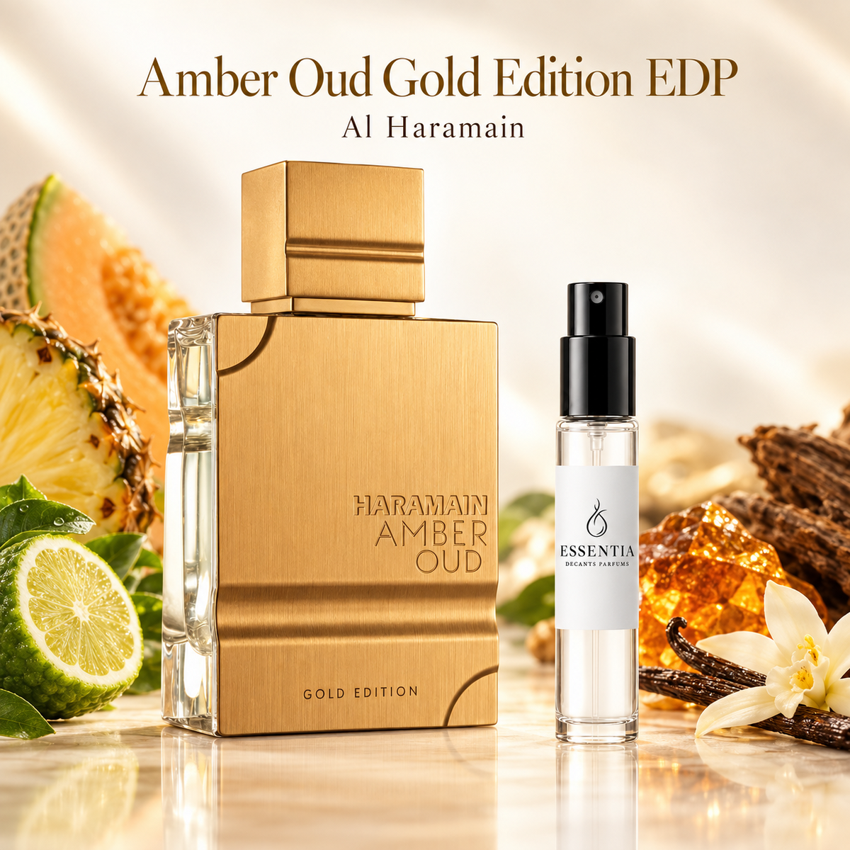 Amber Oud Gold Edition EDP Al Haramain con decant original ESSENTIA disponible en Paraguay