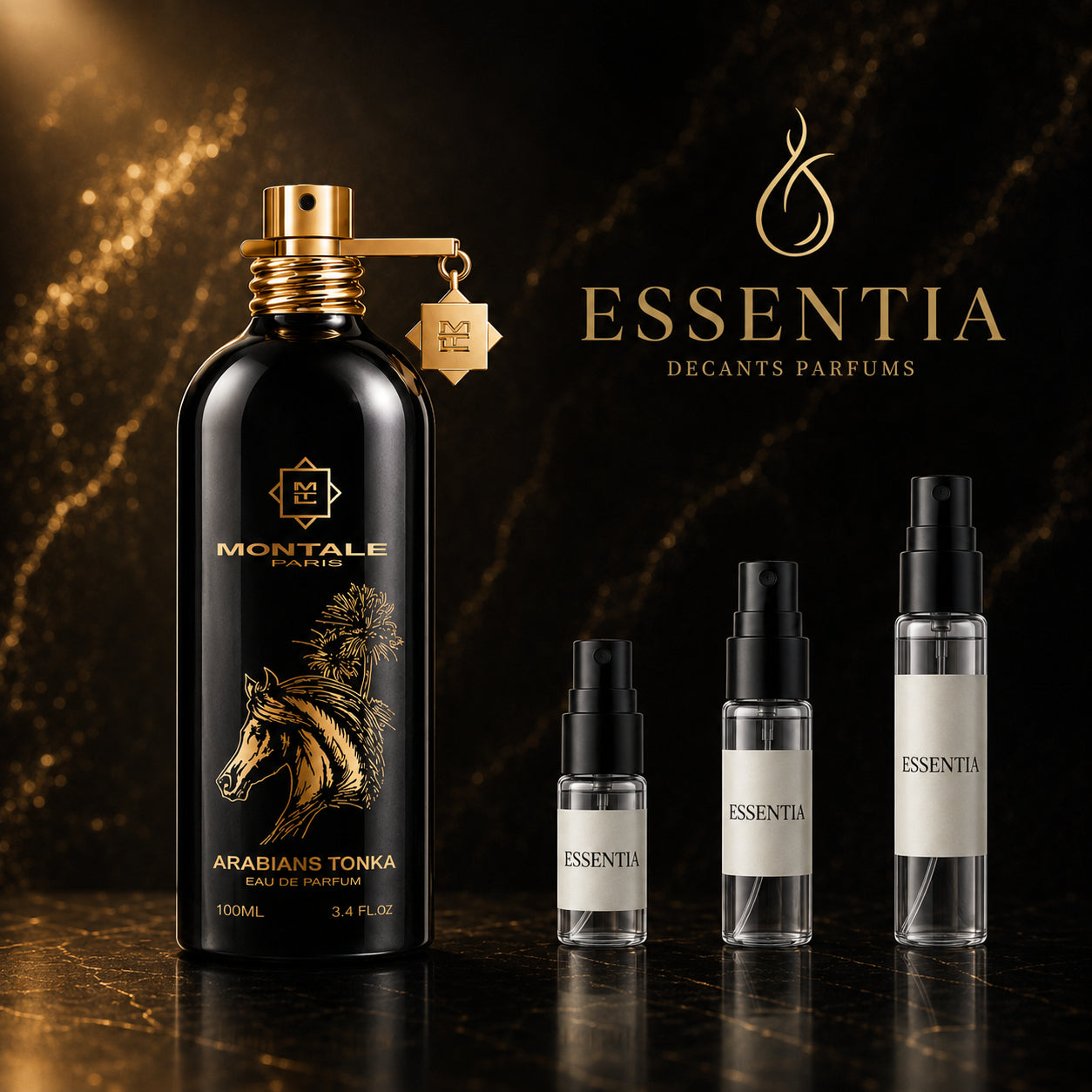 Arabians Tonka Montale en decant original unisex, perfume intenso con notas de azafrán, bergamota, rosa búlgara, oud, haba tonka, ámbar y almizcle blanco disponible en ESSENTIA Paraguay.