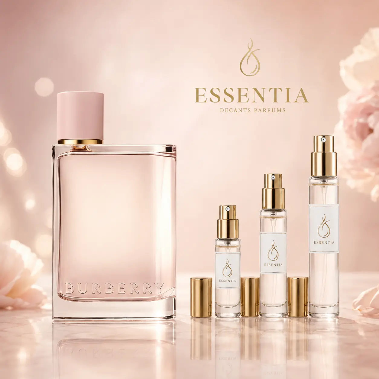 Imagen premium de Burberry Her Burberry junto a decants ESSENTIA de 3 ml, 5 ml y 10 ml sobre fondo rosa suave y champagne elegante.