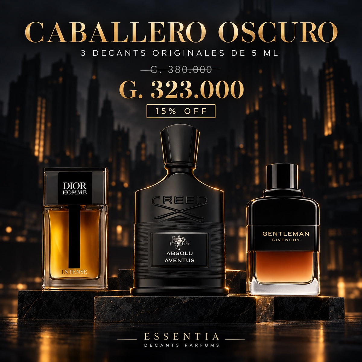 Caballero Oscuro ESSENTIA: combo premium de 3 decants originales de 5 ml, Creed Absolu Aventus, Dior Homme Intense y Givenchy Gentleman Réserve Privée. Precio G. 323.000