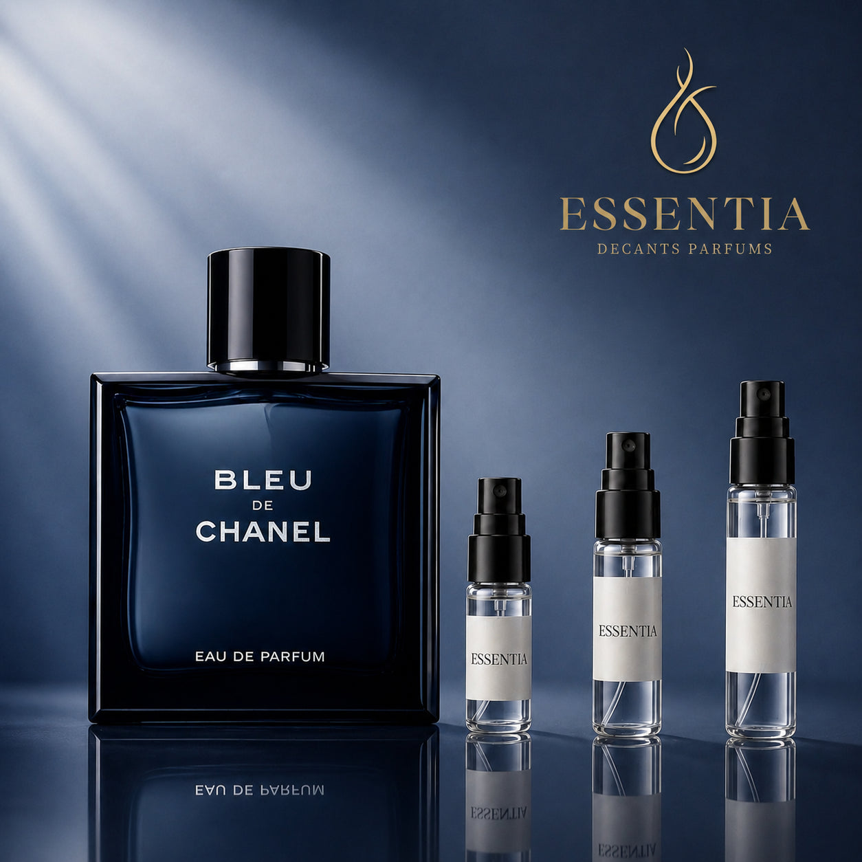 Bleu de Chanel EDP en decant original para hombre, perfume aromático amaderado con notas cítricas, cedro, ámbar, haba tonka y vainilla disponible en ESSENTIA Paraguay.