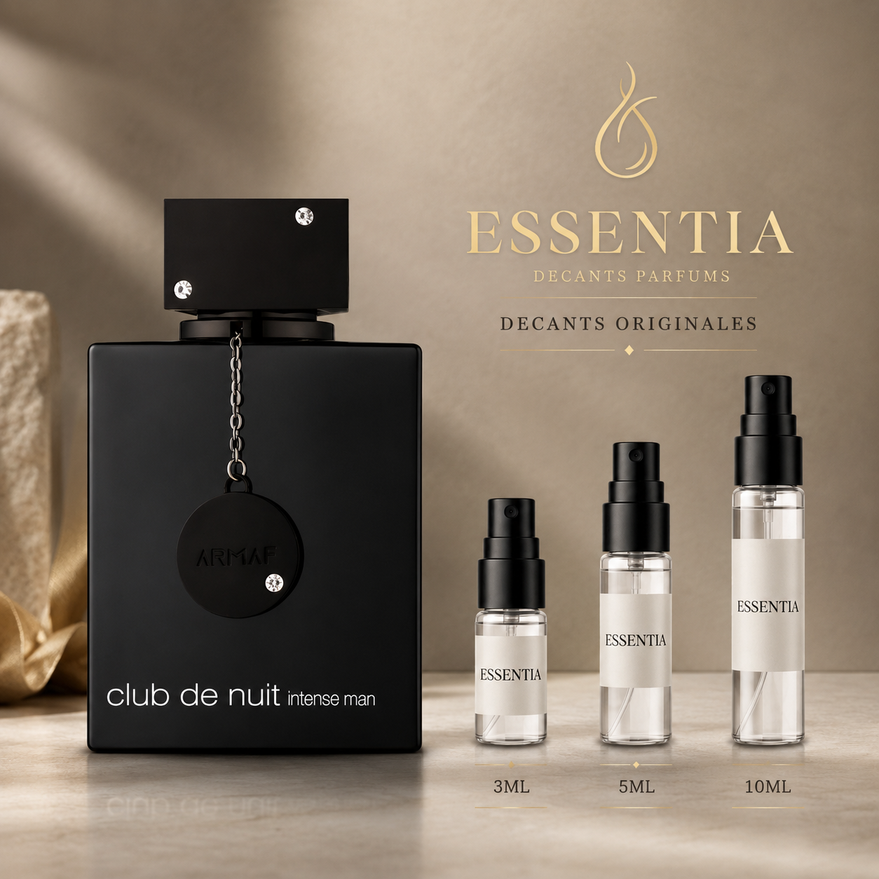 Imagen de Club de Nuit Intense Man de Armaf junto a las presentaciones de decant original ESSENTIA de 3ml, 5ml y 10ml.
