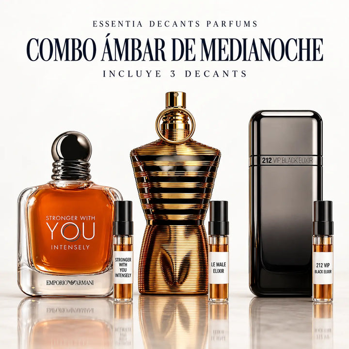 Combo Ámbar de Medianoche 3 Decants: Stronger With You Intensely, Le Male Elixir y 212 VIP Black Elixir | ESSENTIA