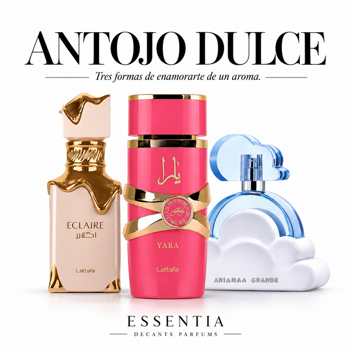 Combo Antojo Dulce ESSENTIA con Eclaire, Yara Candy y Cloud en fondo blanco
