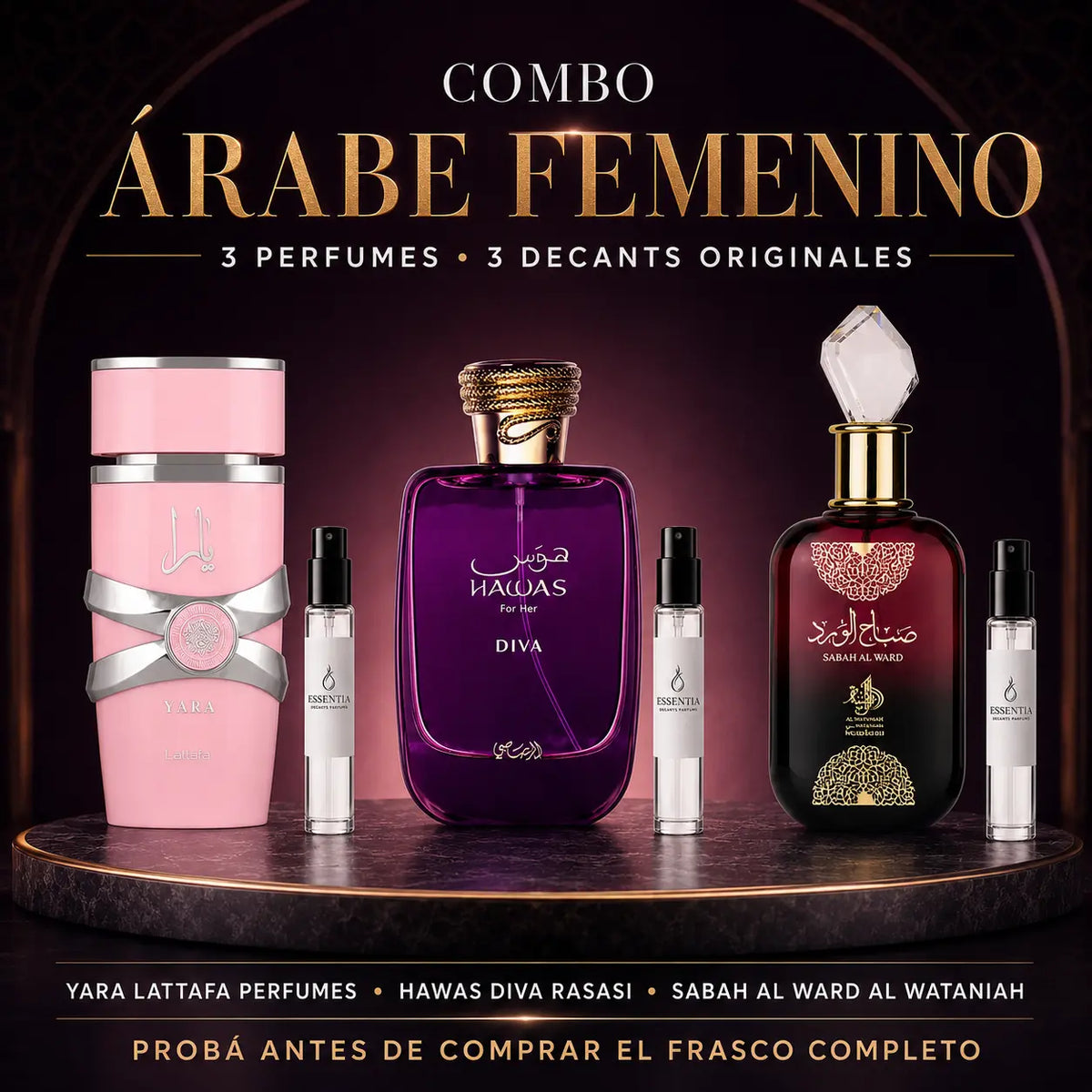 Combo Árabe Femenino de ESSENTIA con 3 decants de perfumes árabes
