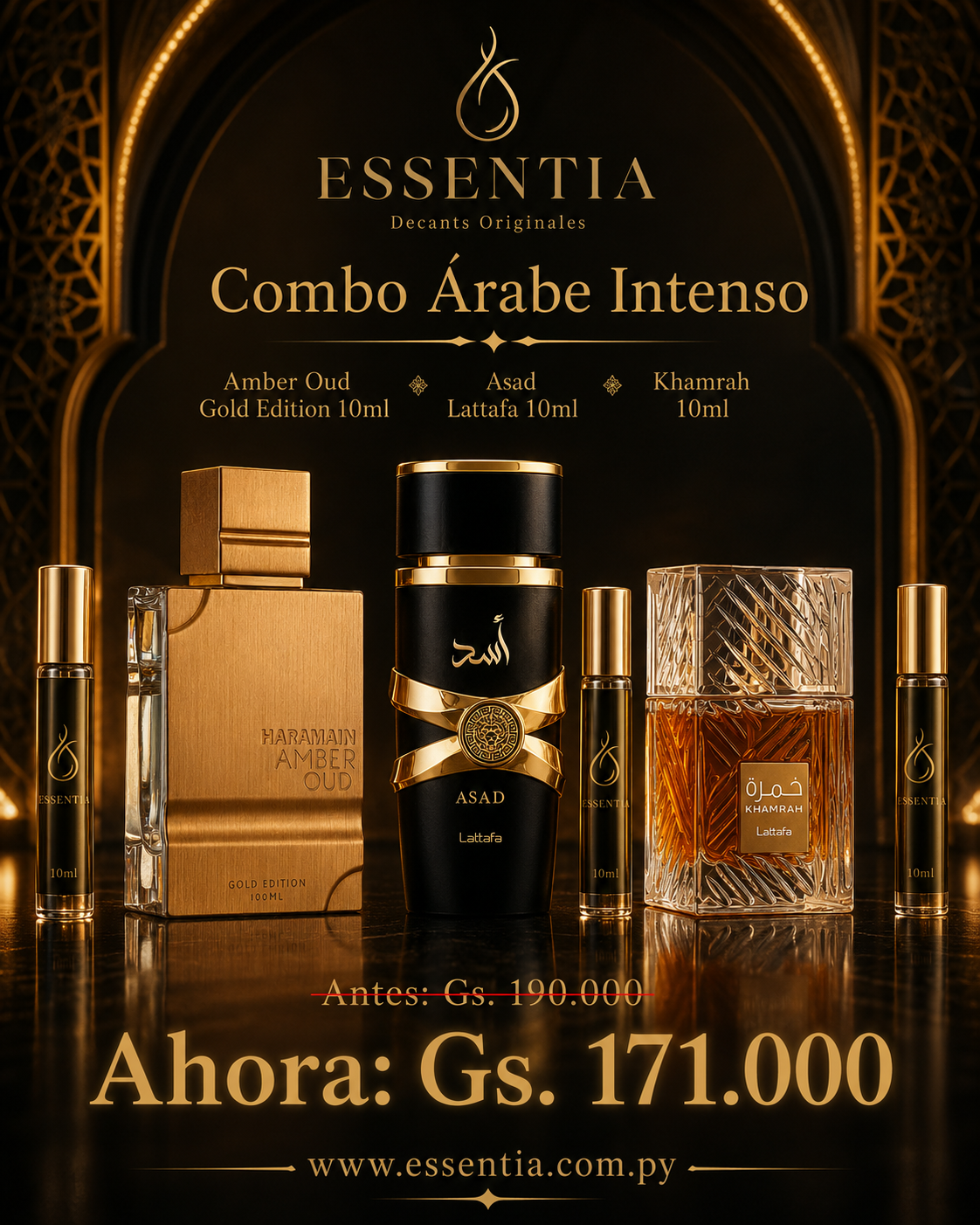 Combo Árabe Intenso ESSENTIA con Amber Oud Gold Edition, Asad Lattafa y Khamrah Lattafa junto a presentaciones de decant de 10ml.