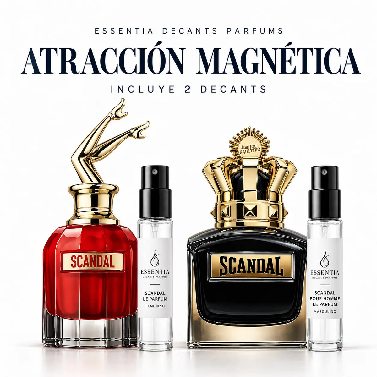 Combo Atracción Magnética con 2 decants Scandal originales: Scandal Le Parfum y Scandal Pour Homme Le Parfum | ESSENTIA