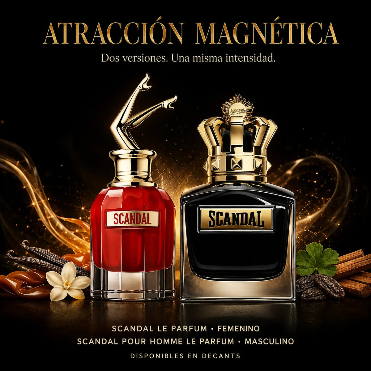 Combo Atracción Magnética con Scandal Le Parfum femenino y Scandal Pour Homme Le Parfum masculino en decants ESSENTIA