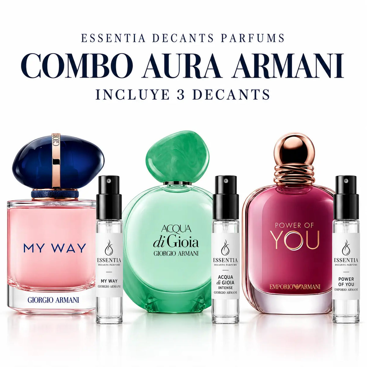 Combo Aura Armani 3 Decants: My Way, Acqua di Gioia Intense y Power of You | ESSENTIA Paraguay