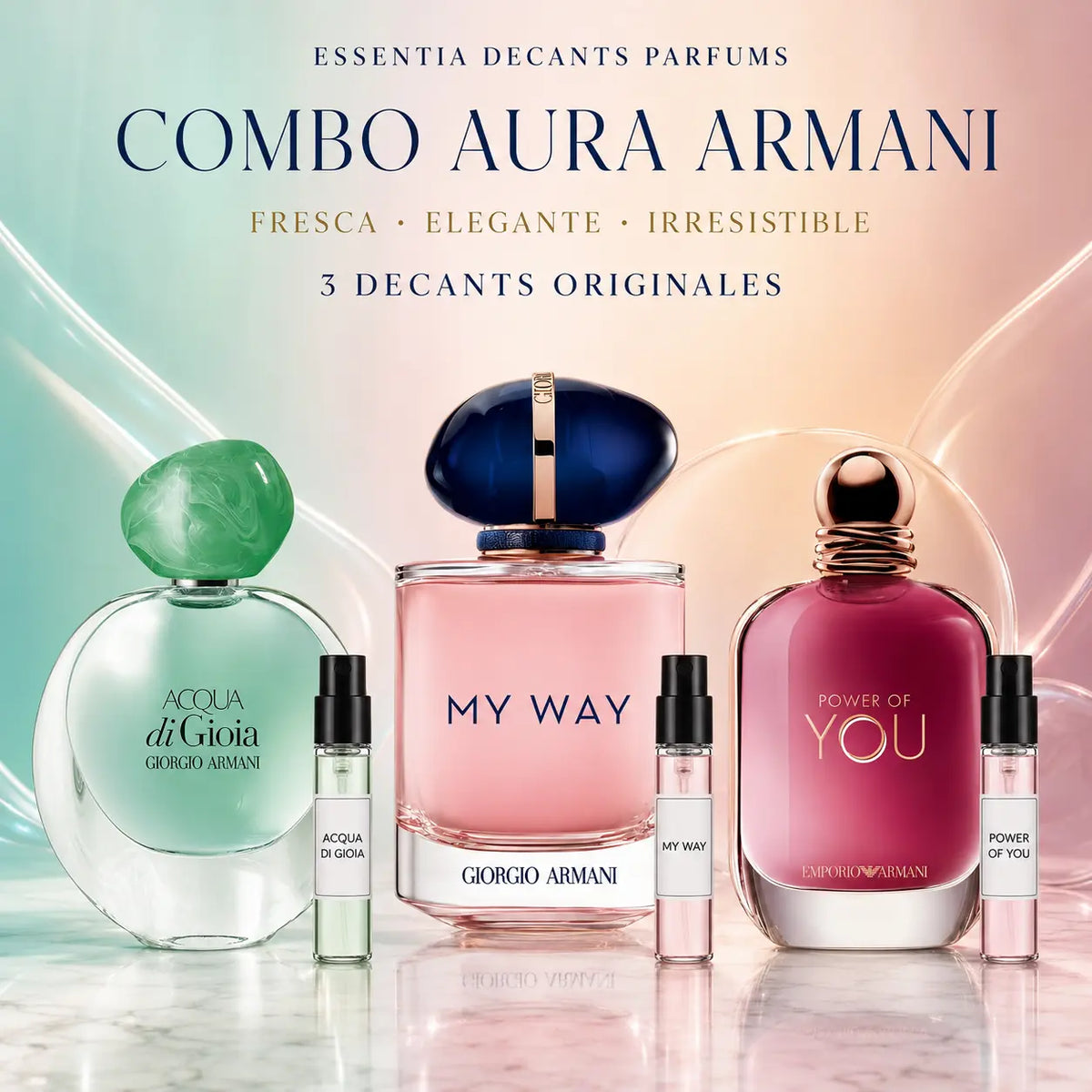 Combo Aura Armani con decants de Acqua di Gioia, My Way y Power of You