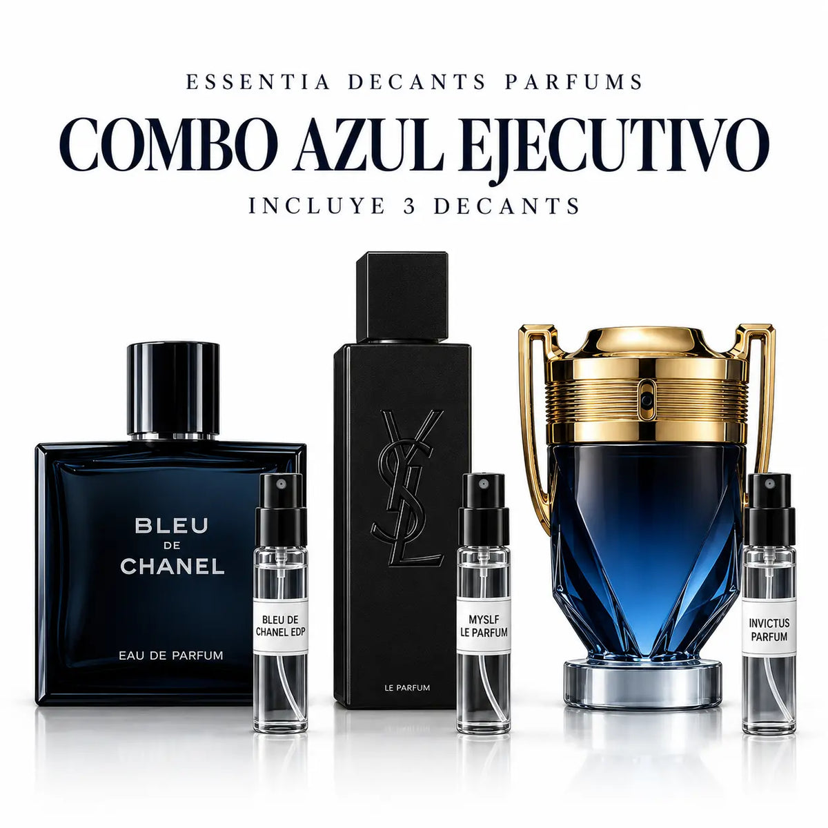 Combo Azul Ejecutivo 3 Decants: Bleu de Chanel EDP, MYSLF Le Parfum e Invictus Parfum | ESSENTIA