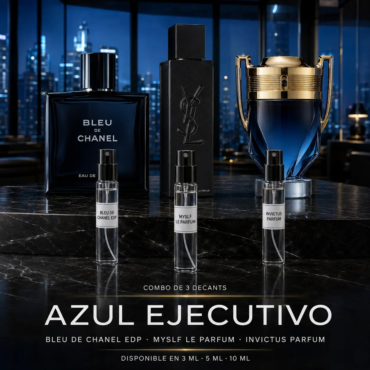 Combo Azul Ejecutivo: decants de Bleu de Chanel EDP, MYSLF Le Parfum e Invictus Parfum