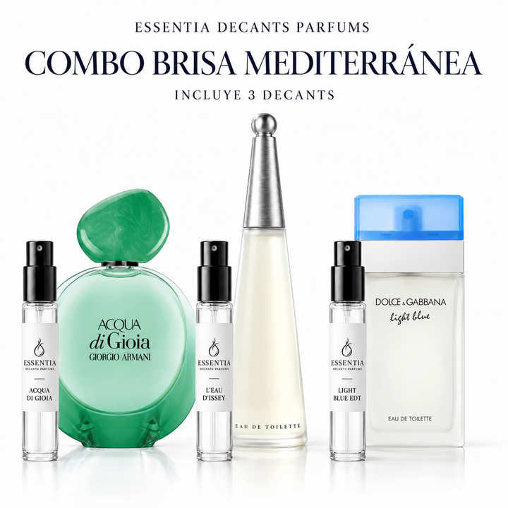 Combo Brisa Mediterránea ESSENTIA con 3 decants femeninos originales: Acqua di Gioia Intense Giorgio Armani, L'Eau d'Issey Issey Miyake y Light Blue Dolce & Gabbana