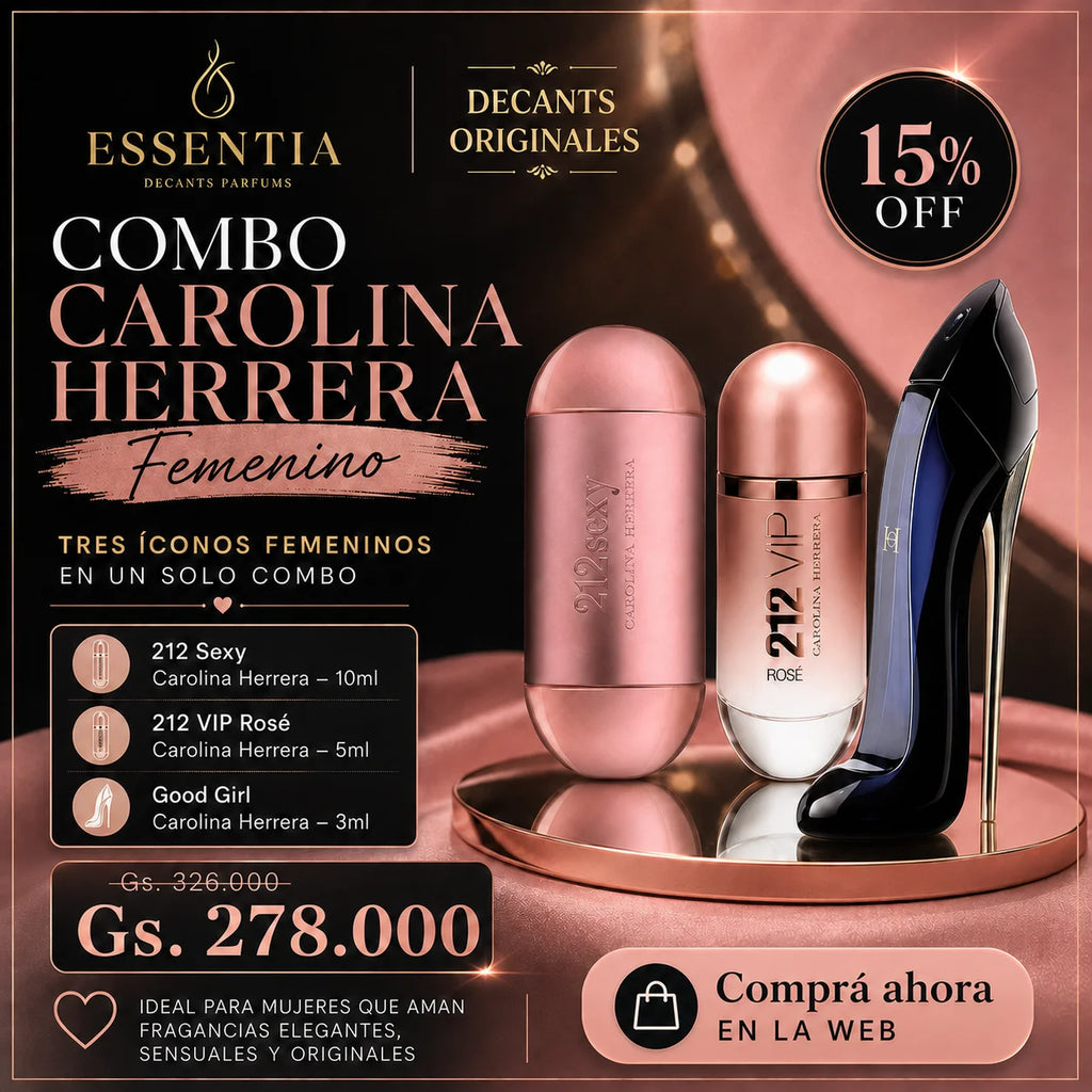 Imagen promocional del Combo Carolina Herrera Femenino de ESSENTIA con los perfumes 212 Sexy, 212 VIP Rosé y Good Girl Carolina Herrera junto a frascos de decant en presentaciones de 10ml, 5ml y 3ml, con 15% OFF y precio promocional de Gs. 278.000.