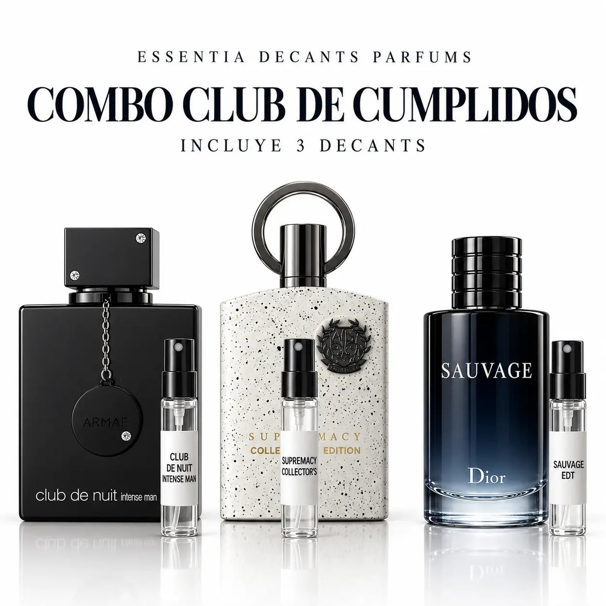 Combo Club de Cumplidos 3 Decants: Club de Nuit Intense Man, Supremacy Collector's Edition y Sauvage EDT | ESSENTIA