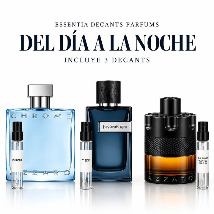 Combo Del Día a la Noche con 3 decants masculinos originales: Chrome Azzaro, Y EDP de Yves Saint Laurent y The Most Wanted Parfum | ESSENTIA