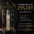 Imagen publicitaria de ESSENTIA con combo del día 25% OFF: 3 decants originales de 10 ml de 9PM Rebel, Acqua di Giò y Gentleman Réserve Privée.