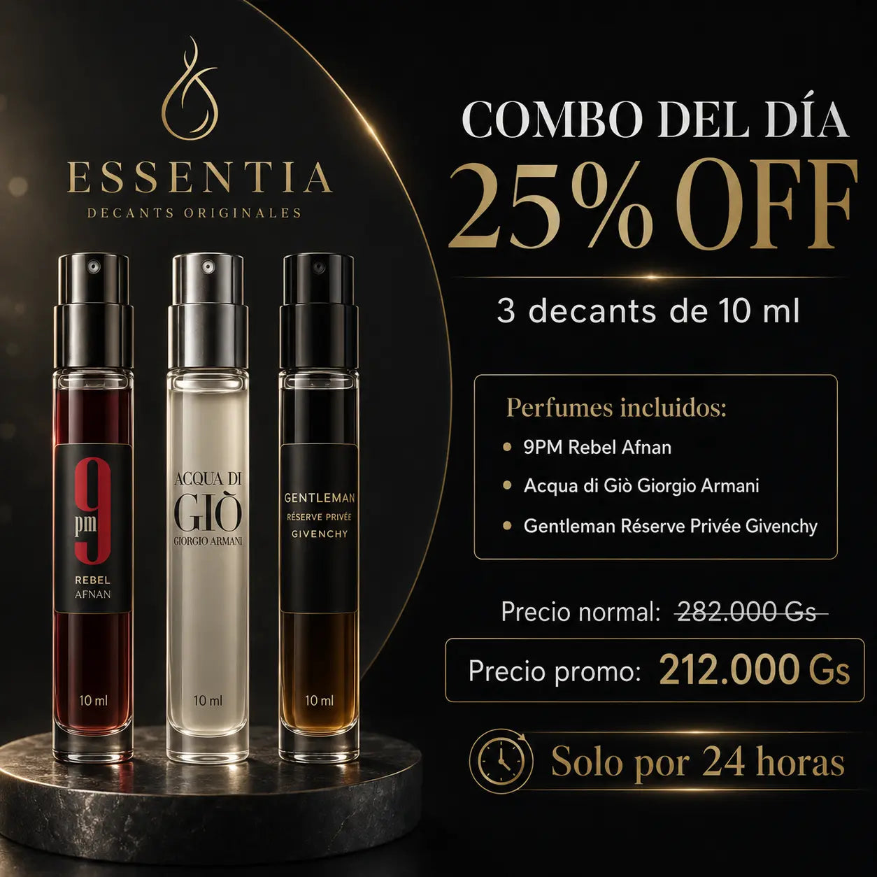 Imagen publicitaria de ESSENTIA con combo del día 25% OFF: 3 decants originales de 10 ml de 9PM Rebel, Acqua di Giò y Gentleman Réserve Privée.