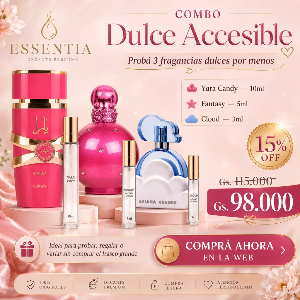 Imagen promocional del Combo Dulce Accesible de ESSENTIA con los perfumes Yara Candy, Fantasy Britney Spears y Cloud Ariana Grande junto a frascos de decant en presentaciones de 10ml, 5ml y 3ml, con 15% OFF y precio promocional de Gs. 98.000.