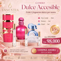 Imagen promocional del Combo Dulce Accesible de ESSENTIA con los perfumes Yara Candy, Fantasy Britney Spears y Cloud Ariana Grande junto a frascos de decant en presentaciones de 10ml, 5ml y 3ml, con 15% OFF y precio promocional de Gs. 98.000.