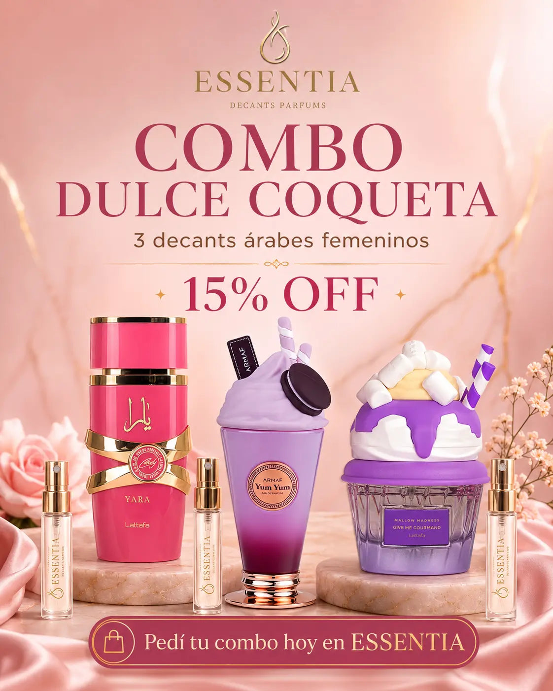 Combo Dulce Coqueta de decants árabes femeninos ESSENTIA con Yara Candy Mallow Madness y Yum Yum