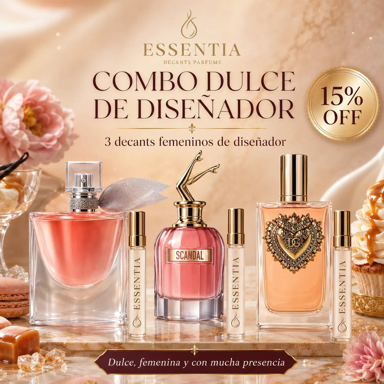 Combo Dulce de Diseñador de decants femeninos ESSENTIA con La Vie Est Belle, Devotion y Scandal