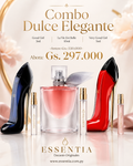 Combo Dulce Elegante ESSENTIA con Good Girl, La Vie Est Belle y Very Good Girl junto a decants originales de 3ml, 5ml y 10ml.