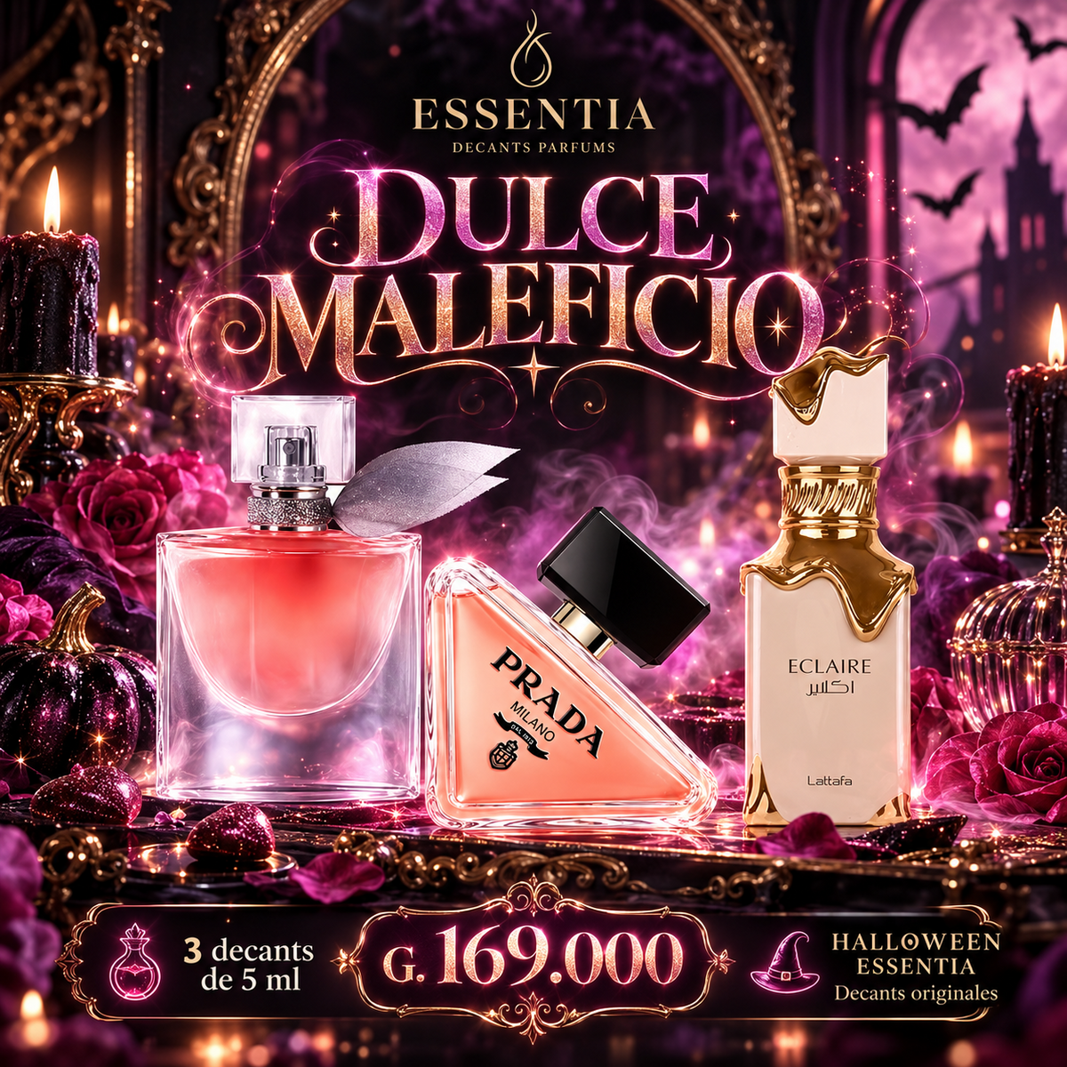 Combo Halloween Dulce Maleficio ESSENTIA con La Vie Est Belle Lancôme, Paradoxe Prada y Eclaire Lattafa, tres decants originales de 5 ml