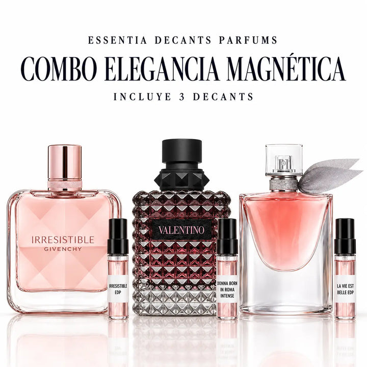 Combo Elegancia Magnética 3 Decants: Irresistible EDP, Donna Born in Roma Intense y La Vie Est Belle EDP | ESSENTIA