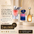 Imagen promocional del Combo Elegante Oficina de ESSENTIA con los perfumes La Vie Est Belle Lancôme, My Way Parfum Giorgio Armani y J’adore Dior junto a frascos de decant en presentaciones de 10ml, 5ml y 3ml, con 15% OFF y precio promocional de Gs. 246.000.