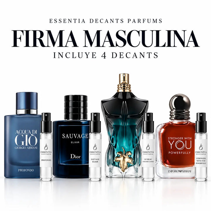 Combo Firma Masculina con 4 decants originales Acqua di Gio Profondo EDP, Stronger With You Powerfully, Le Beau Le Parfum y Sauvage Elixir | ESSENTIA