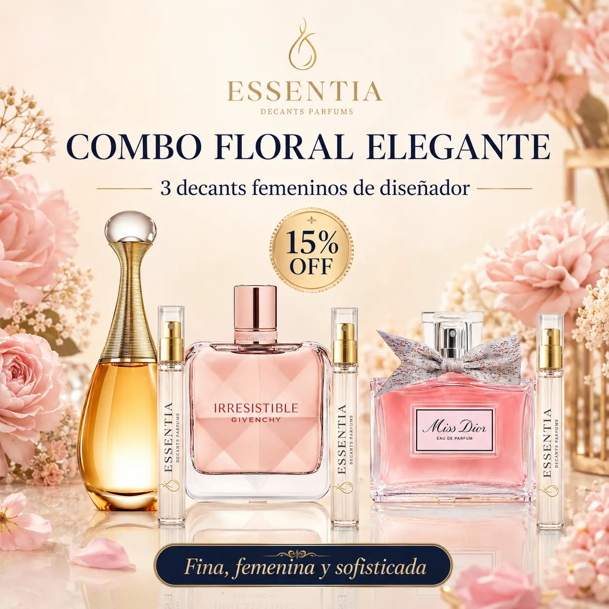 Combo Floral Elegante de decants femeninos de diseñador ESSENTIA con J’adore, Miss Dior e Irresistible Givenchy
