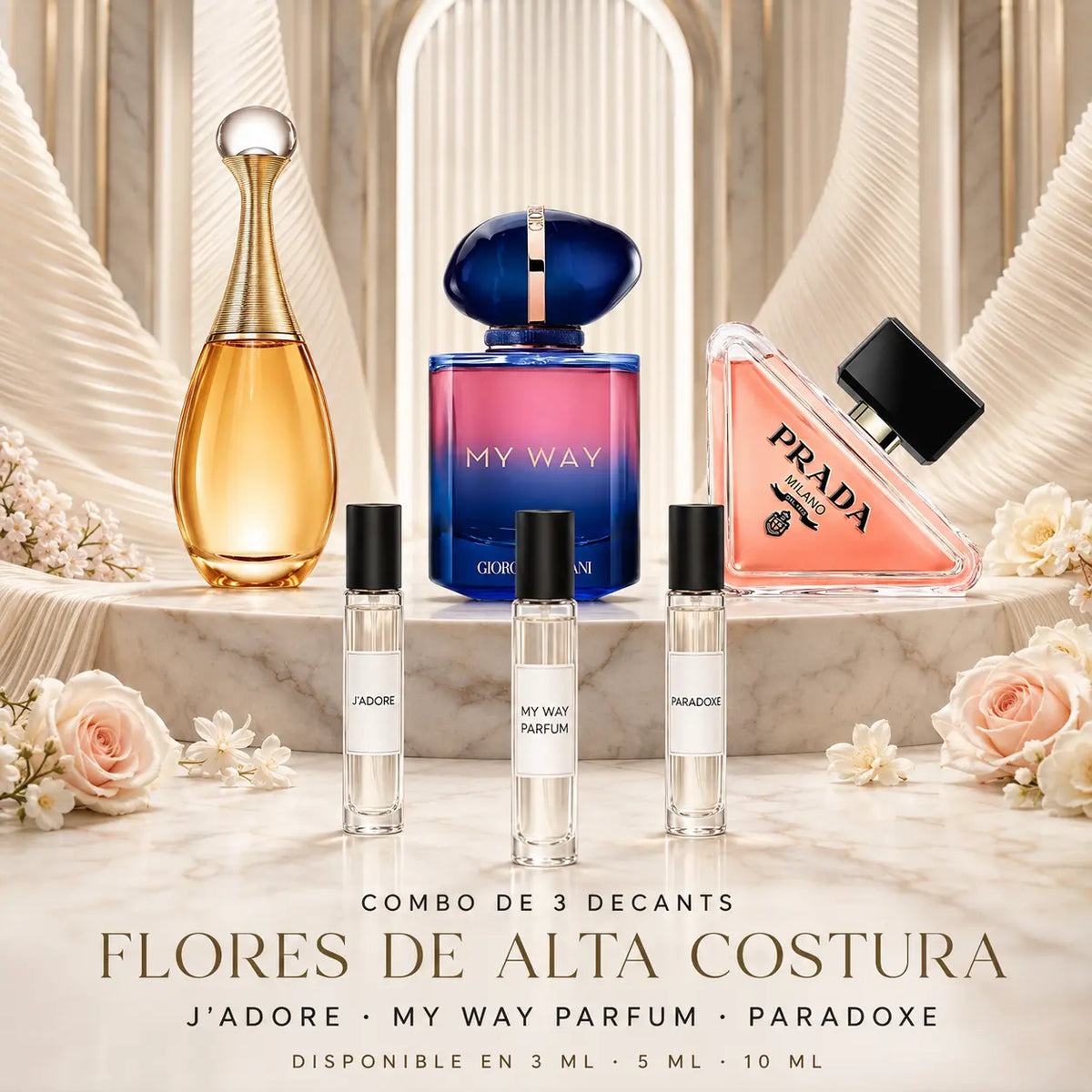 Combo Flores de Alta Costura: decants de J’adore, My Way Parfum y Prada Paradoxe