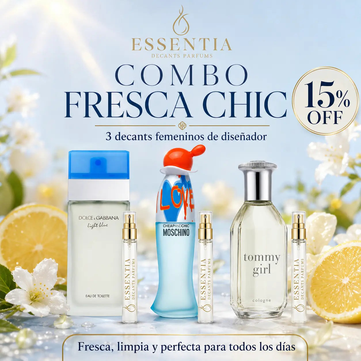 Combo Fresca Chic de decants femeninos de diseñador ESSENTIA con Light Blue, I Love Love y Tommy Girl