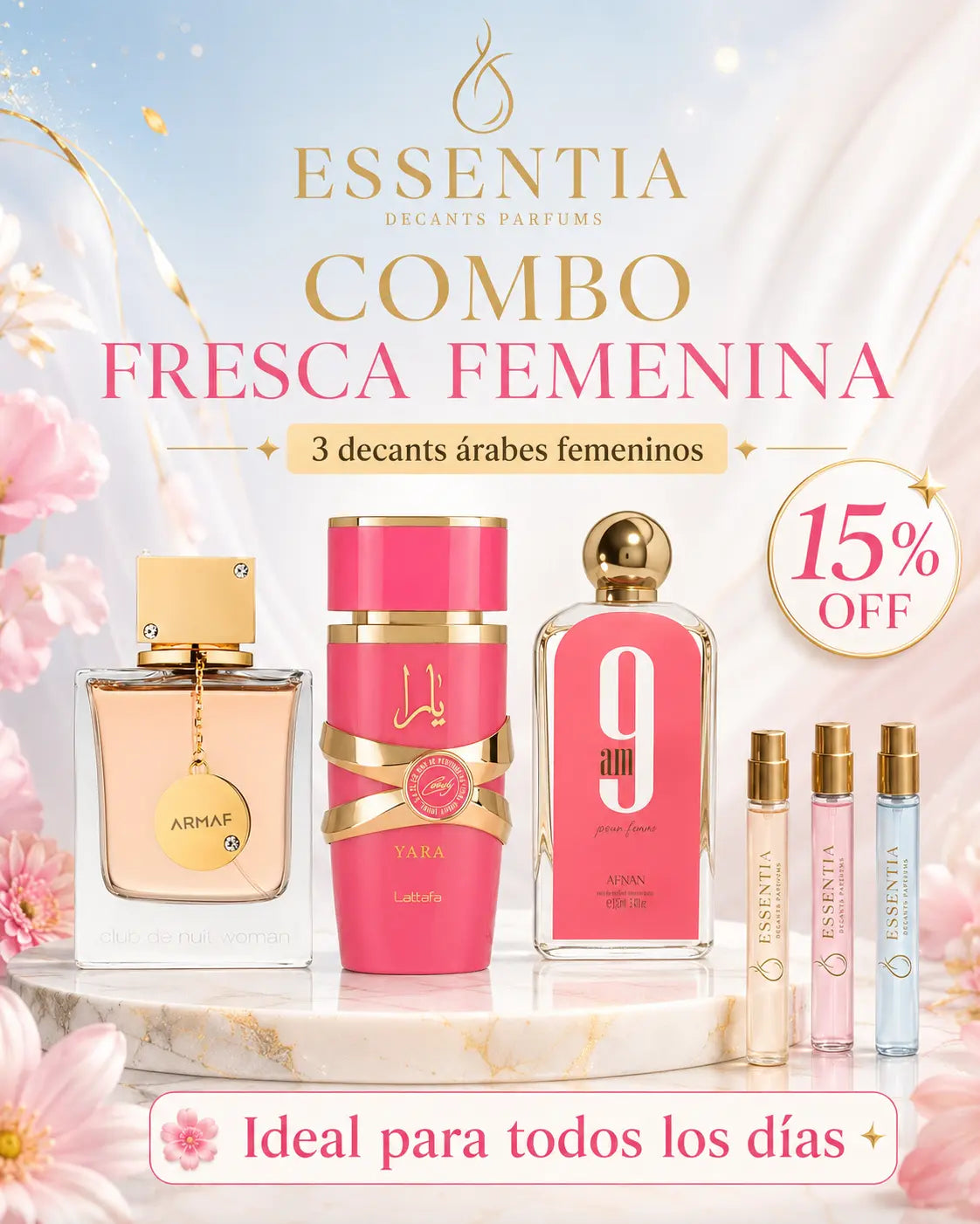 Combo Fresca Femenina de decants árabes femeninos ESSENTIA con 9AM Pour Femme, Club de Nuit Woman y Yara Candy