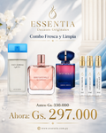 Combo Fresca y Limpia ESSENTIA con My Way Parfum, Light Blue EDT e Irresistible Givenchy junto a presentaciones de decant de 5ml y 10ml.