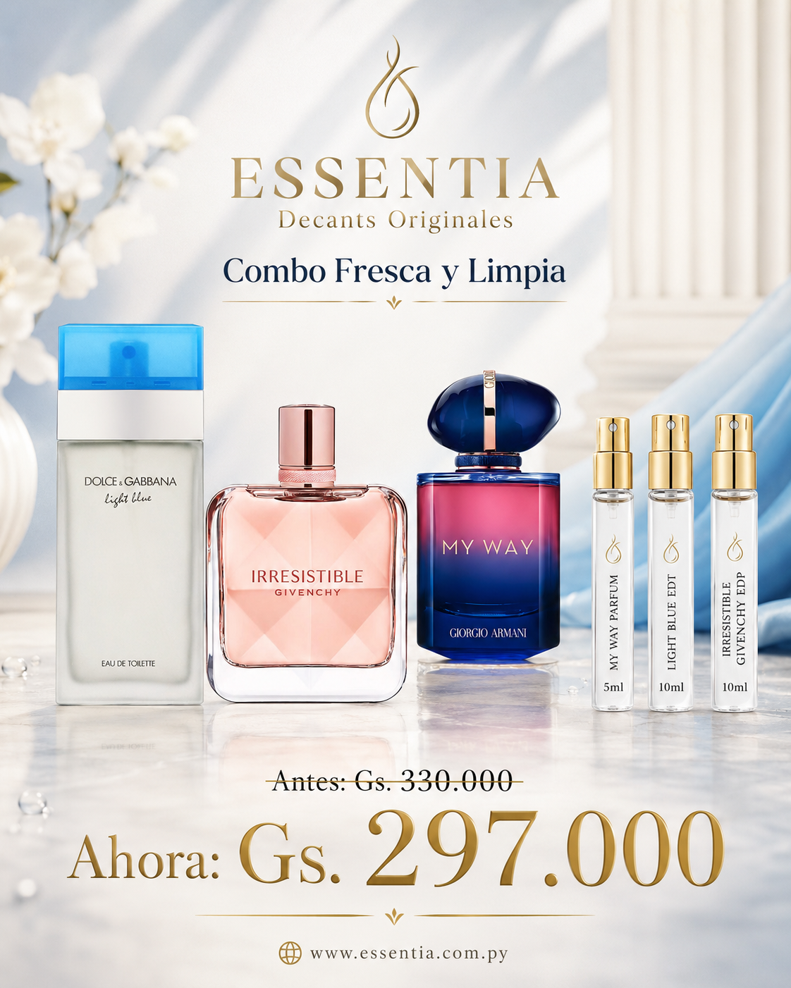 Combo Fresca y Limpia ESSENTIA con My Way Parfum, Light Blue EDT e Irresistible Givenchy junto a presentaciones de decant de 5ml y 10ml.