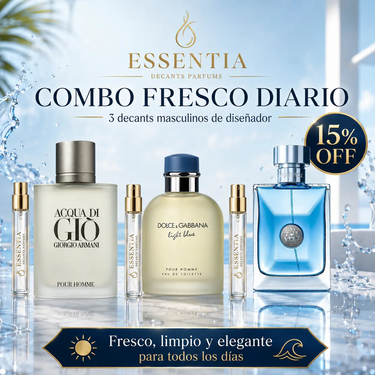 Combo Fresco Diario de decants masculinos de diseñador ESSENTIA con Acqua di Giò, Light Blue Pour Homme y Versace Pour Homme