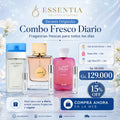 Imagen promocional del Combo Fresco Diario de ESSENTIA con los perfumes Club de Nuit Woman Armaf, Hawas Pink Rasasi y Light Blue EDT Dolce & Gabbana junto a frascos de decant en presentaciones de 10ml, 5ml y 3ml, con 15% OFF y precio promocional de Gs. 129.000.
