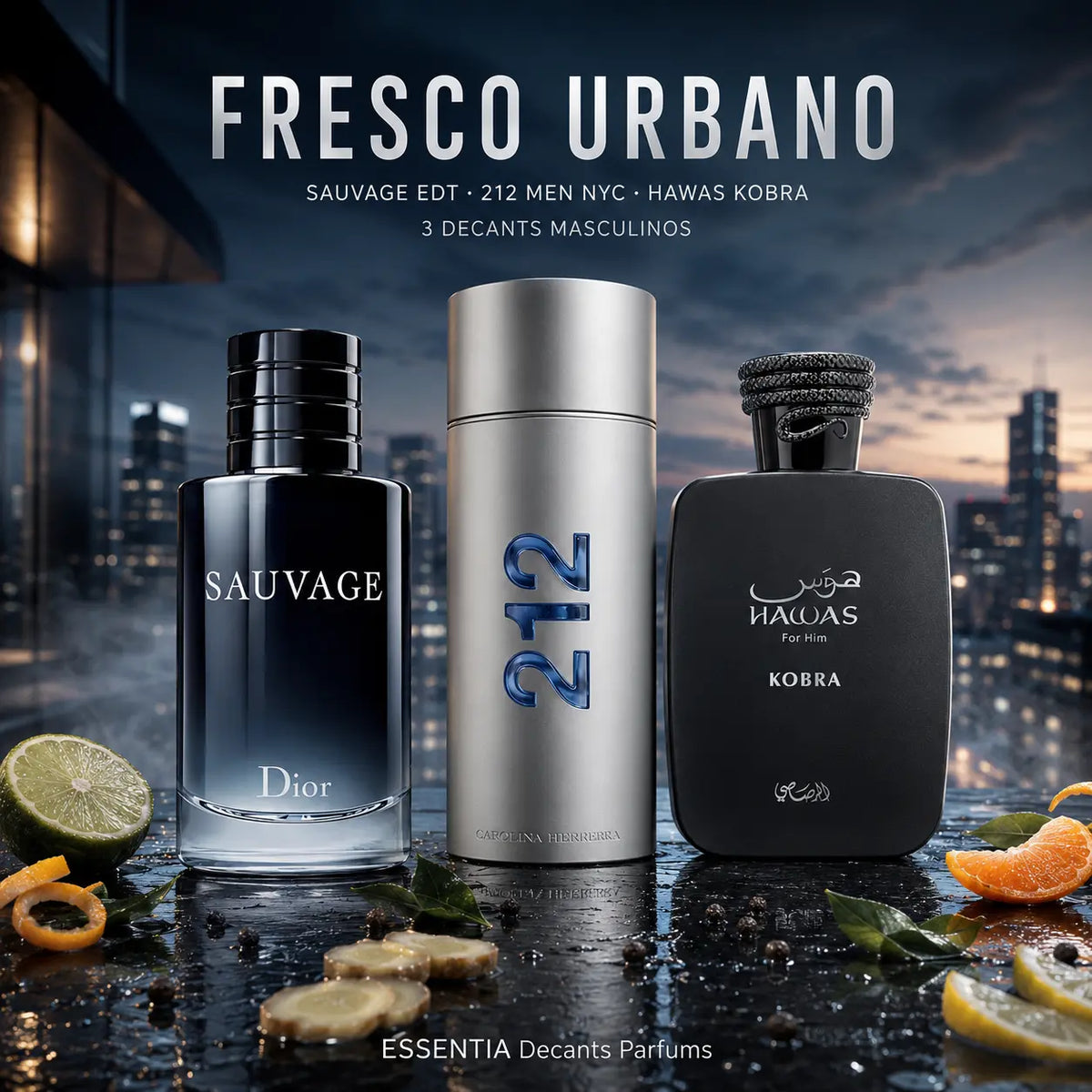Combo Fresco Urbano con Sauvage EDT, 212 Men NYC y Hawas Kobra | ESSENTIA Decants Parfums