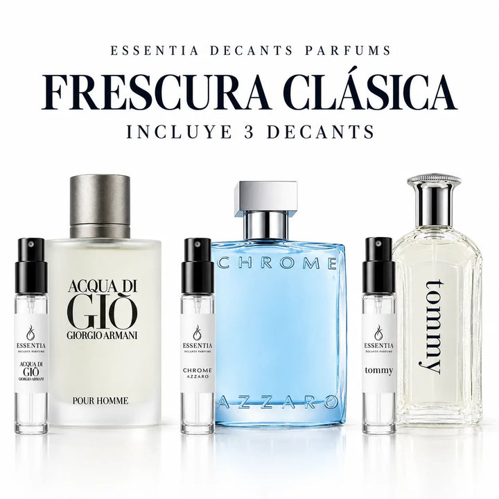 Combo Frescura Clásica con 3 decants masculinos originales: Acqua di Giò, Chrome Azzaro y Tommy | ESSENTIA