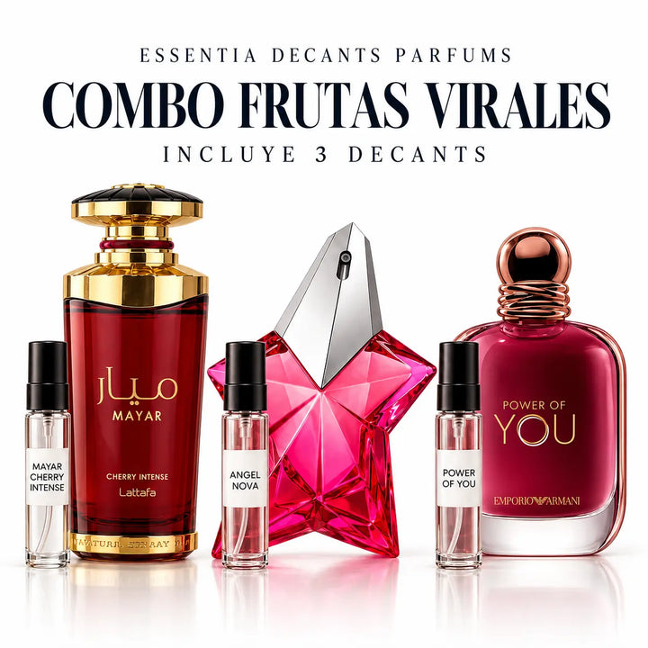Combo Frutas Virales con 3 decants femeninos originales: Mayar Cherry Intense, Angel Nova y Power of You | ESSENTIA