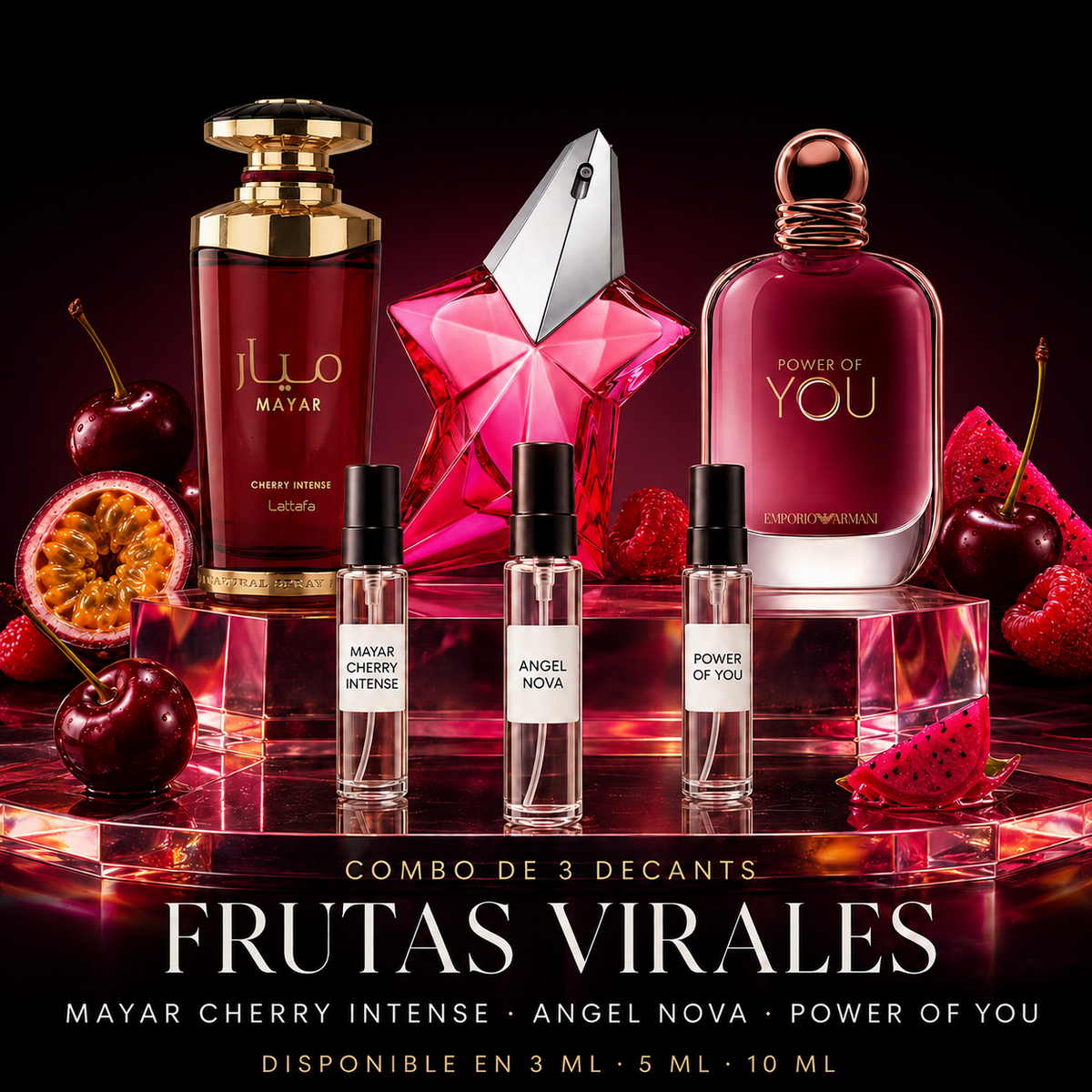 Combo Frutas Virales con decants de Mayar Cherry Intense, Angel Nova y Power of You