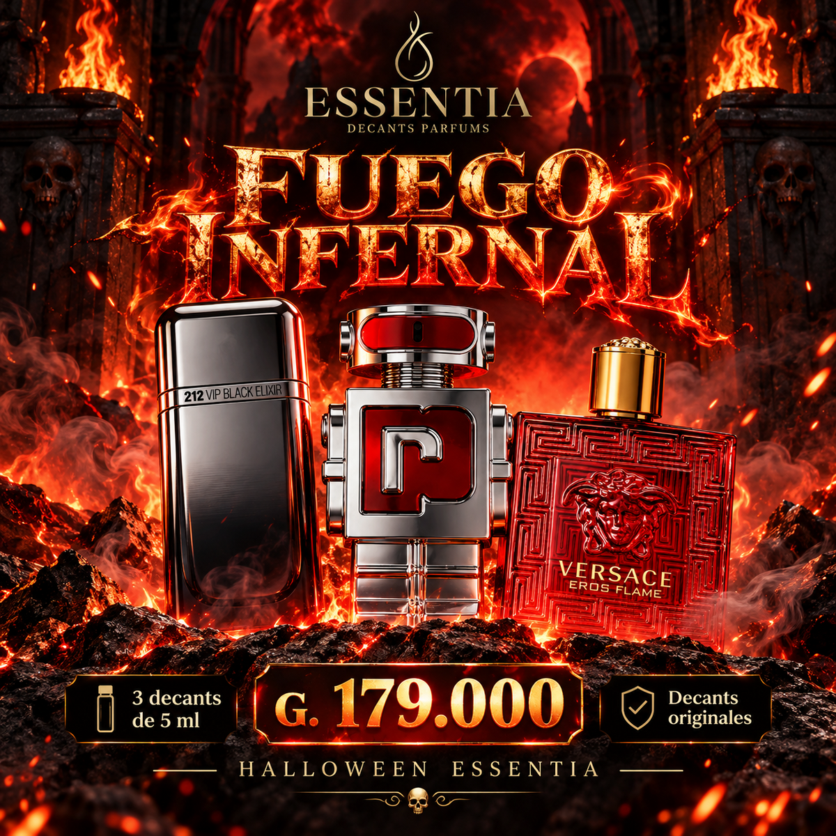 Combo Halloween Fuego Infernal ESSENTIA: 212 VIP Black Elixir, Phantom in Red y Eros Flame, tres decants originales de 5 ml