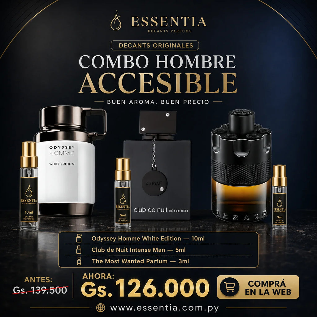Combo Hombre Accesible de ESSENTIA Decants Originales con Odyssey Homme White Edition 10ml, Club de Nuit Intense Man 5ml y The Most Wanted Parfum 3ml, perfumes masculinos de buen aroma y buen precio en Paraguay.