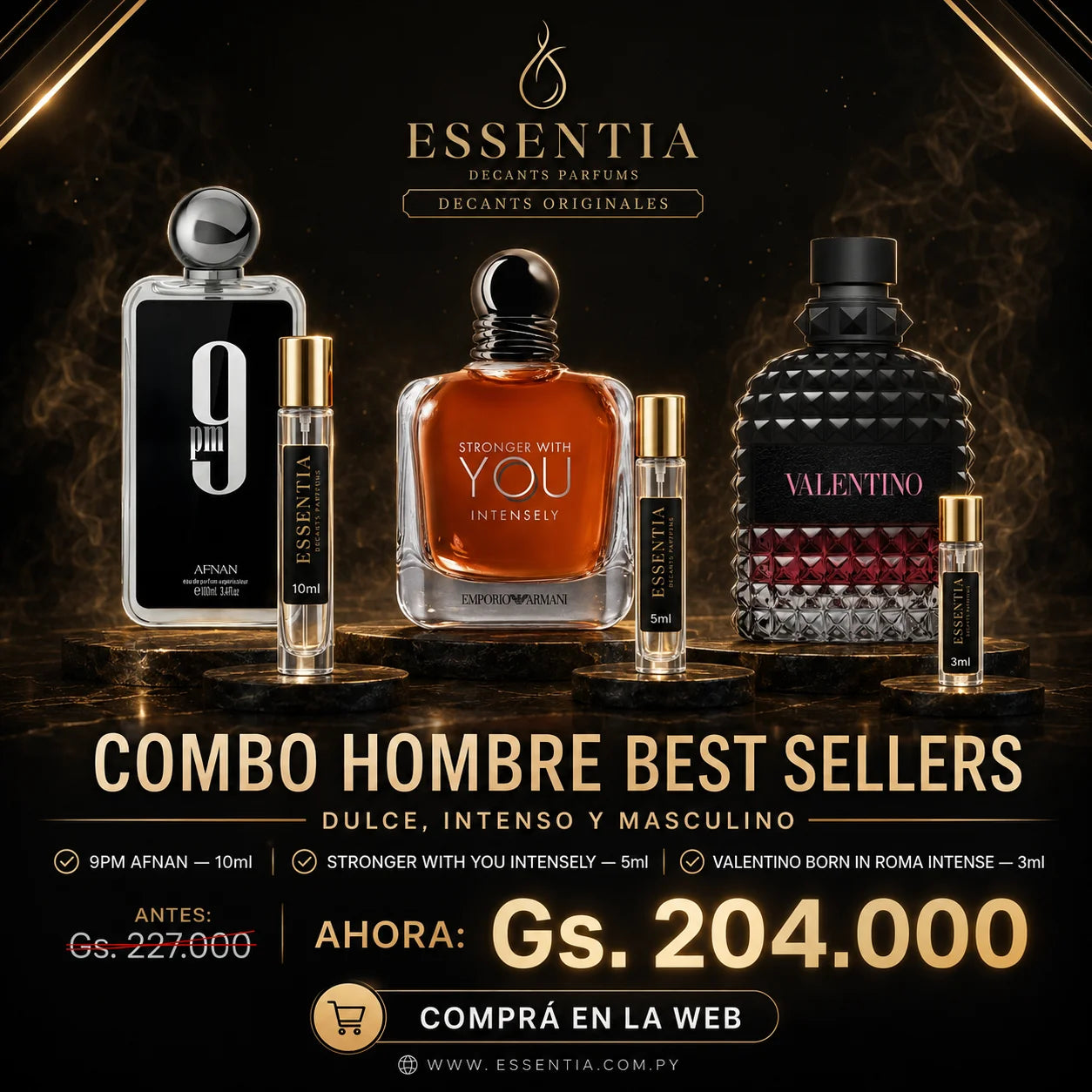 Combo Hombre Best Sellers de ESSENTIA Decants Originales con 9PM Afnan 10ml, Stronger With You Intensely 5ml y Valentino Born in Roma Intense 3ml, promoción especial para compra web en Paraguay.