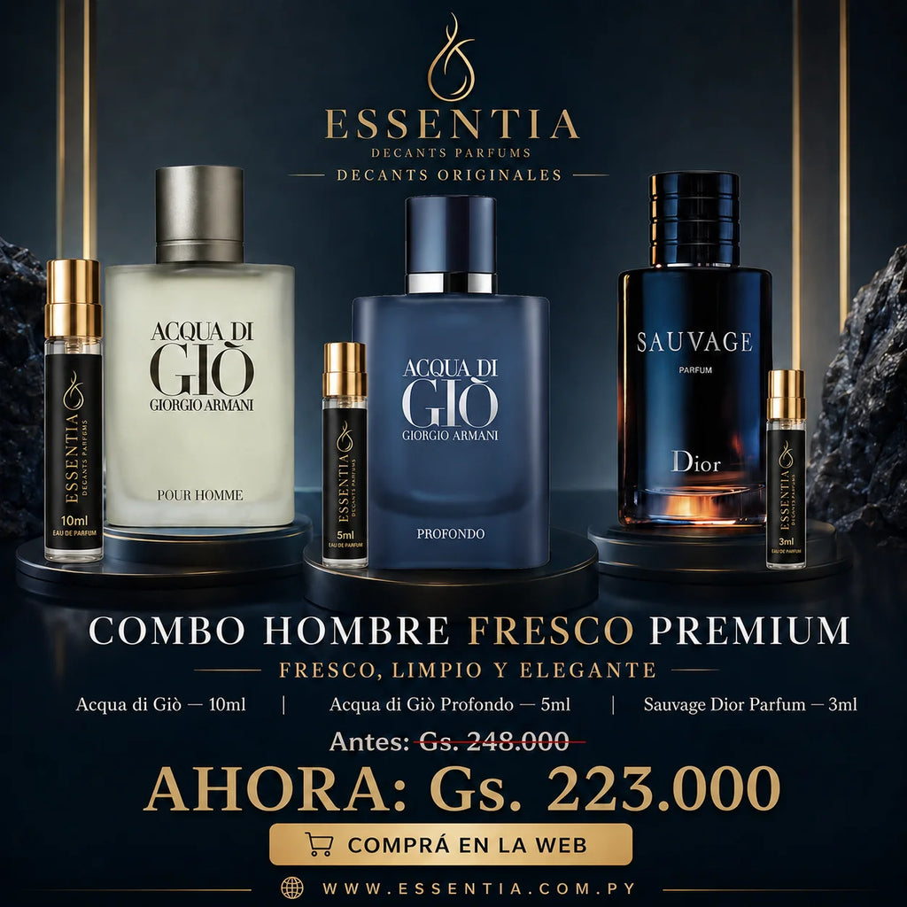 Combo Hombre Fresco Premium de ESSENTIA Decants Originales con Acqua di Giò 10ml, Acqua di Giò Profondo 5ml y Sauvage Dior Parfum 3ml, perfumes masculinos frescos y elegantes en Paraguay.